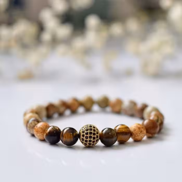 دستبند سنگ جاسپر چوبی و چشم ببر و گوی سوارسکی اکسسوری رنگ ثابت زنانه مردانه