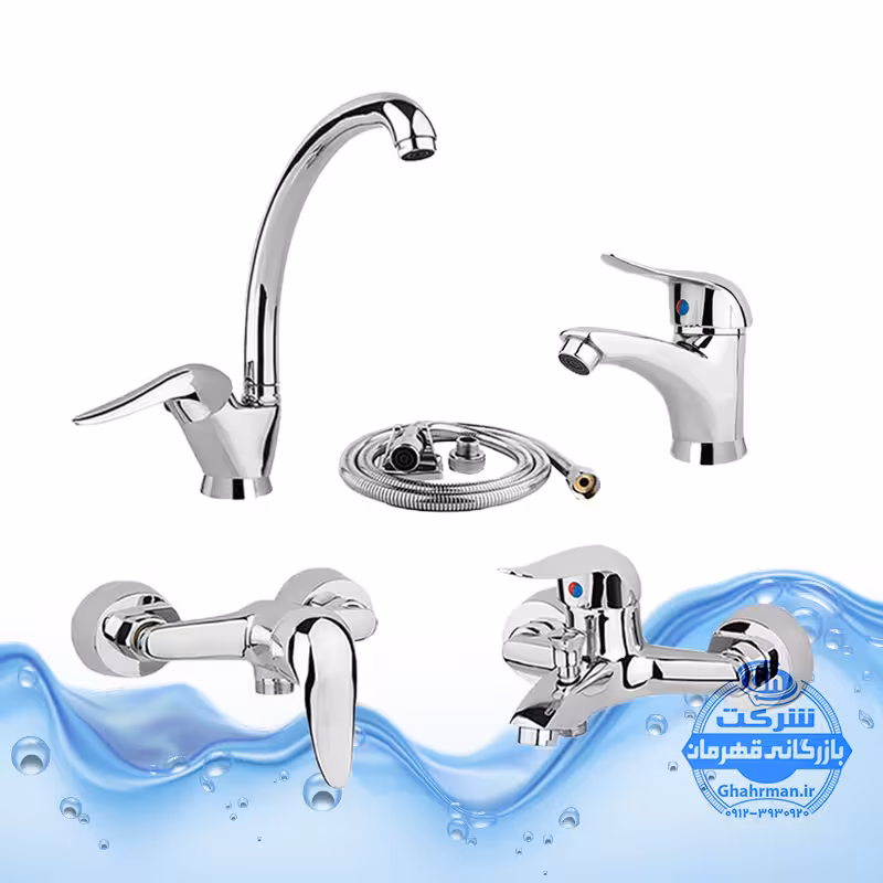 ست 5 عددی شیرآلات برند آیدا صنعت مدل قهرمان | شیر روشویی اهرمی   شیر ظرفشویی   شیر حمام   شیر توالت   شلنگ توالت | کروم براق