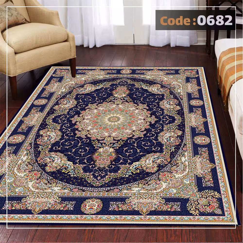 کاورفرش روفرشی دورکشدار گوشه لیفه ای لاکی ، آبی و متنوع کد 0682