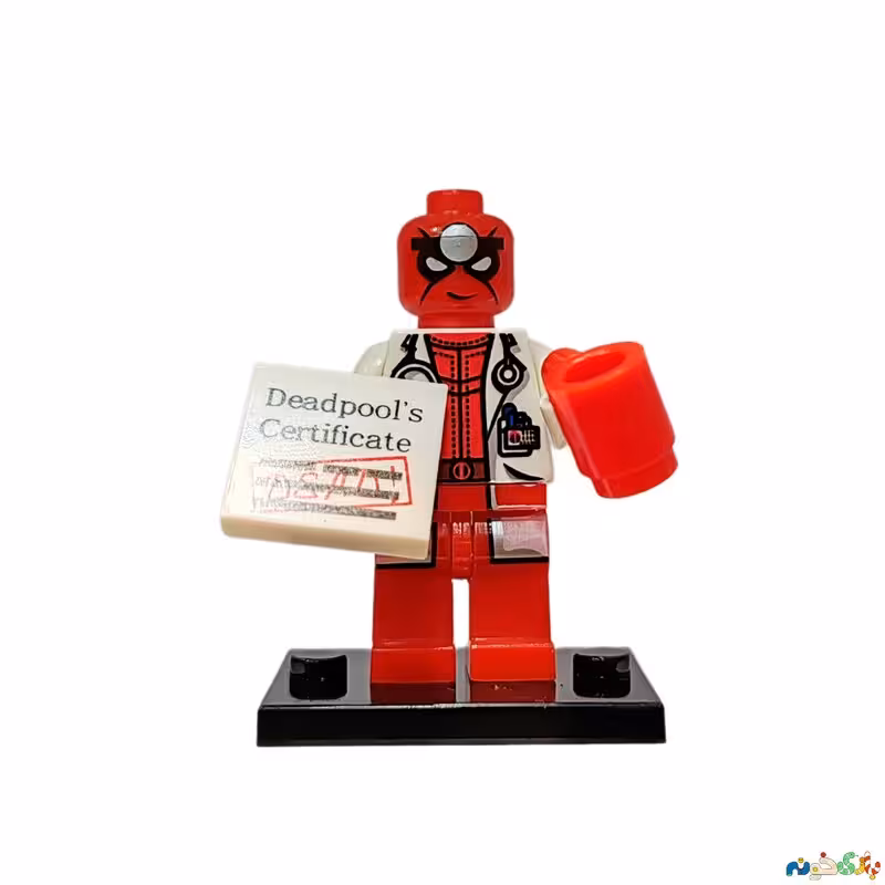 مینی فیگور لگو شخصیت ددپول با پوشش دکتر و CERTIFICATE فیلم ددپول پایه دار وارداتی باز شده بدون جعبه ارتفاع 4 سانت