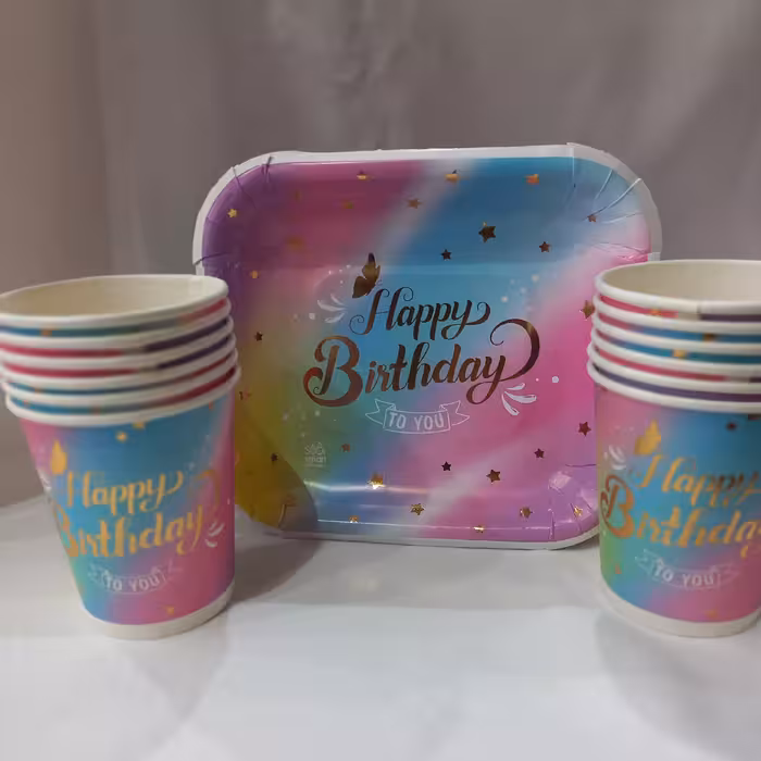 تم تولد لیوان و بشقاب تم رنگین کمان جدید(پک 12عددی)