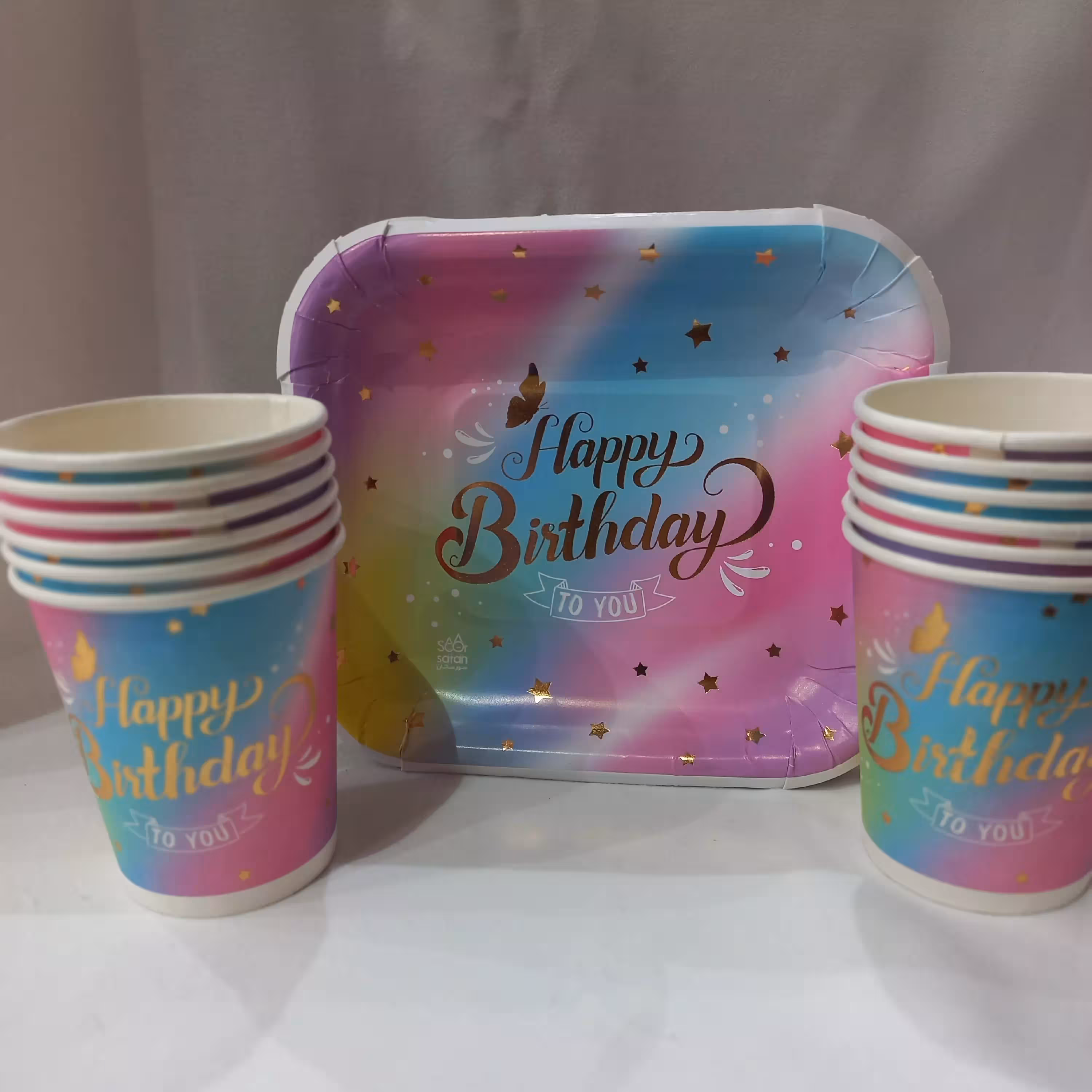 تم تولد لیوان و بشقاب تم رنگین کمان جدید(پک 12عددی)