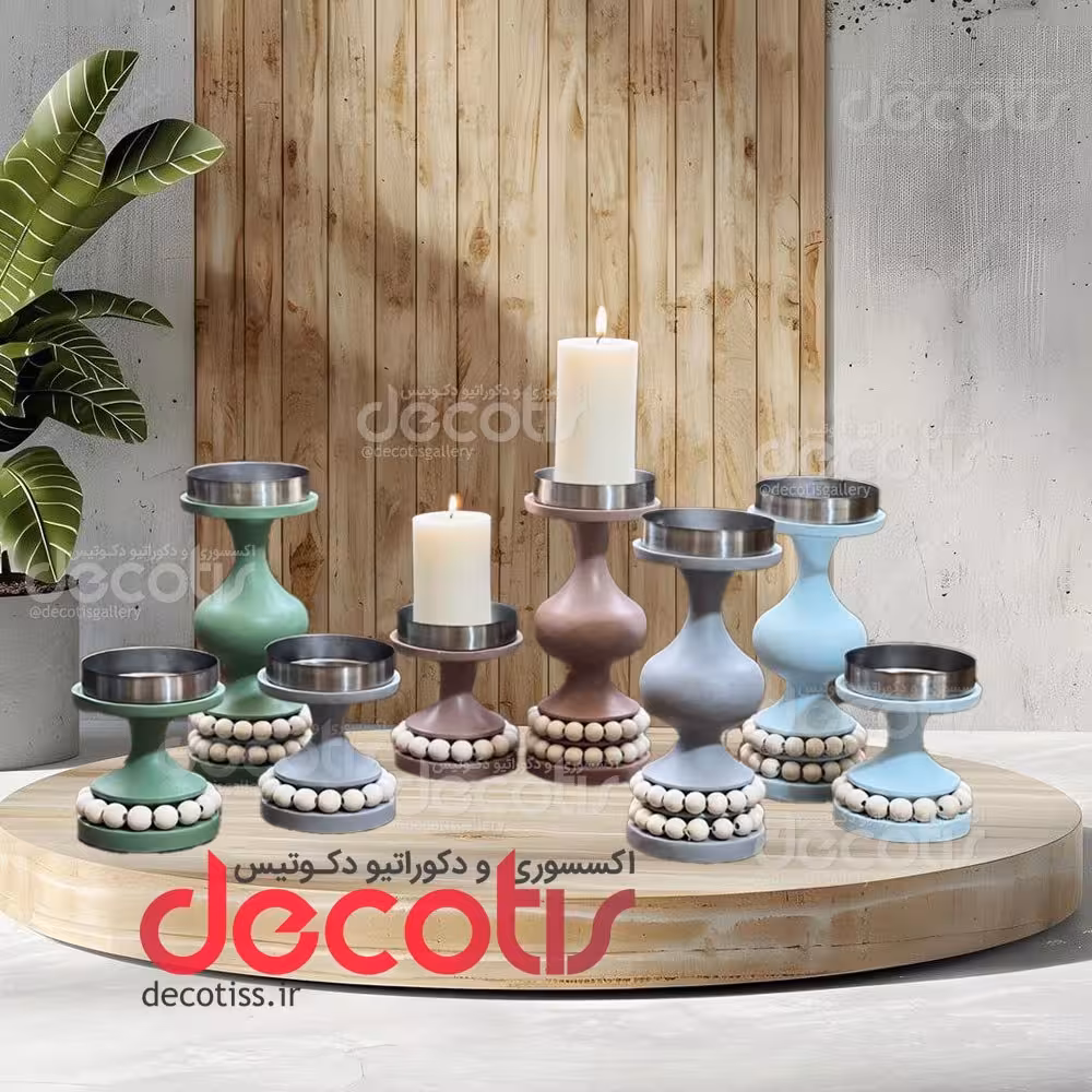 شمعدان مدرن مهره چوبی ست 2 عددی