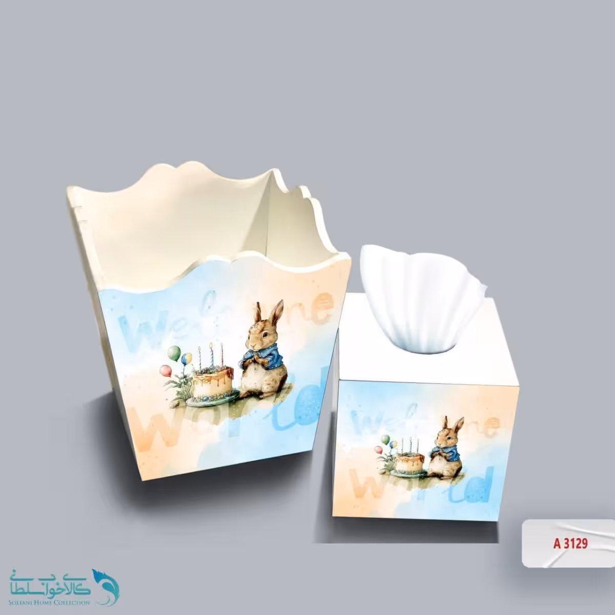 ست سطل و جا دستمال چوبی کودک طرح تولد خرگوشی کد A3129
