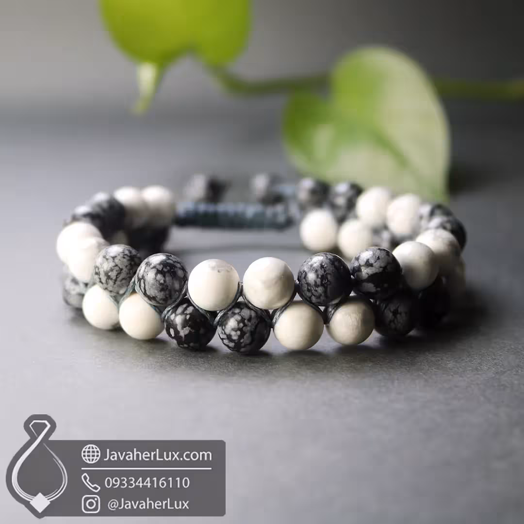 دستبند سنگ هولیت سفید و ابسیدین لکه برفی دورج بافت جواهرلوکس _ کد 401053