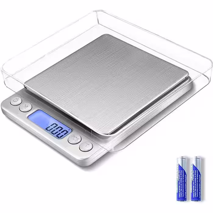 ترازو غذا مقیاس کوچک گرمی دیجیتال گرم و اونس 0.01 گرم/0.001 اونس دقیق برای صابون سازی جواهرات، پخت، عملکرد تار شامل باتری و 2 سینی