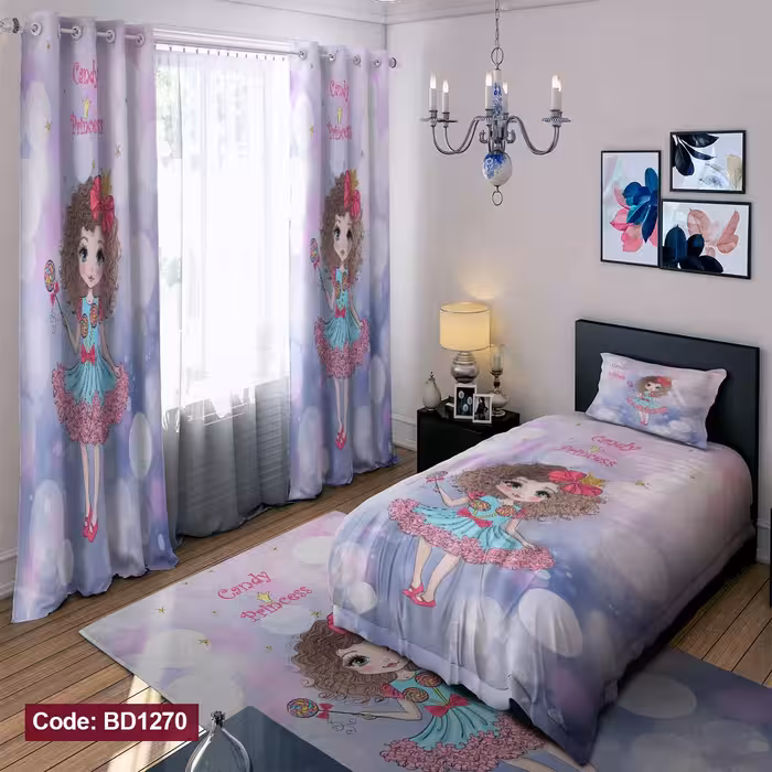 پرده پانچی مخمل چاپی دخترانه کد 1270