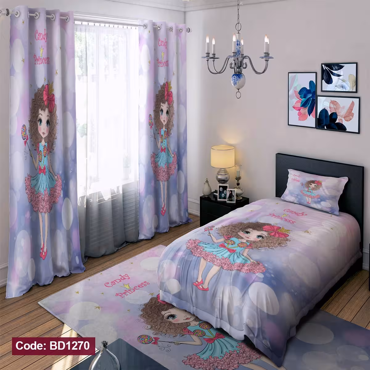 پرده پانچی مخمل چاپی دخترانه کد 1270