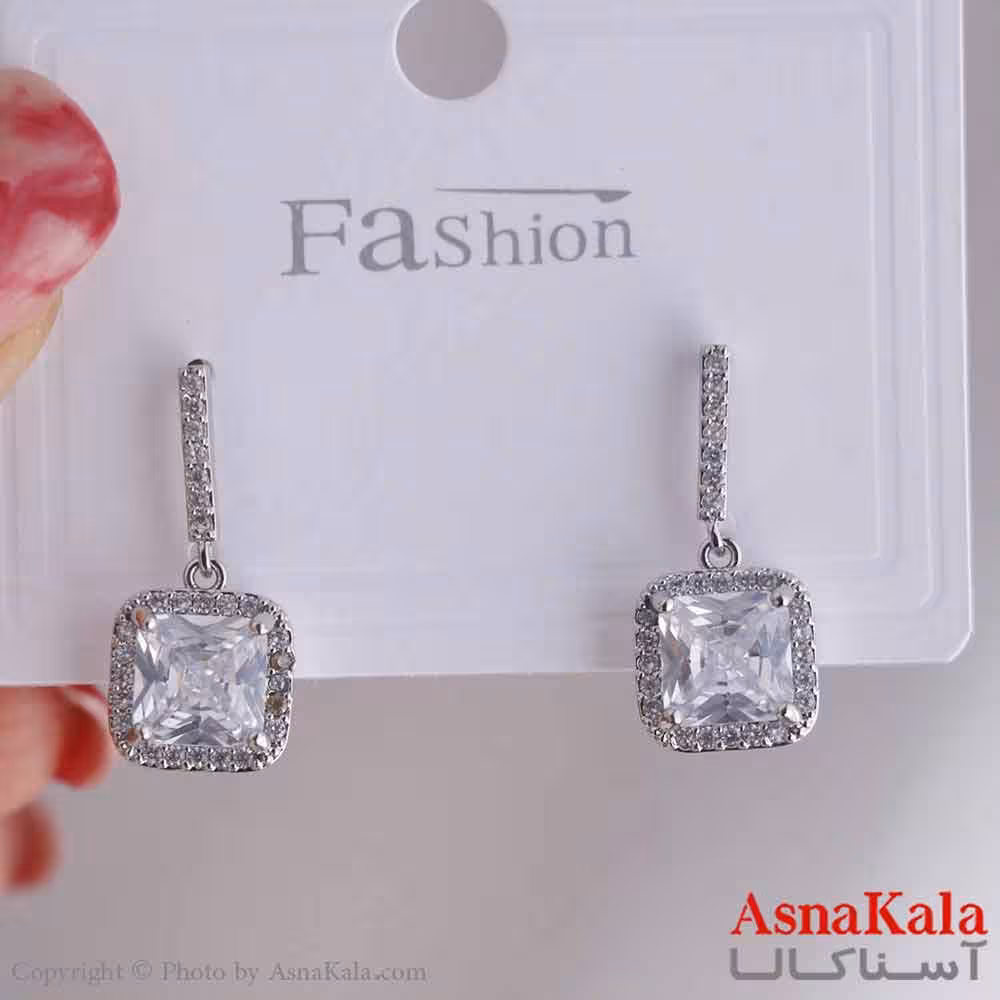 گوشواره آویزی دخترانه مینیمال مدل مربع نگینی استیل 316 کد GSH15651W