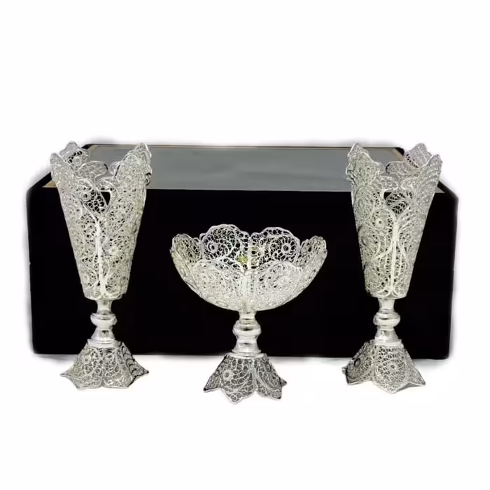 ست هدیه نقره گلدان ملیله کاری و قندان