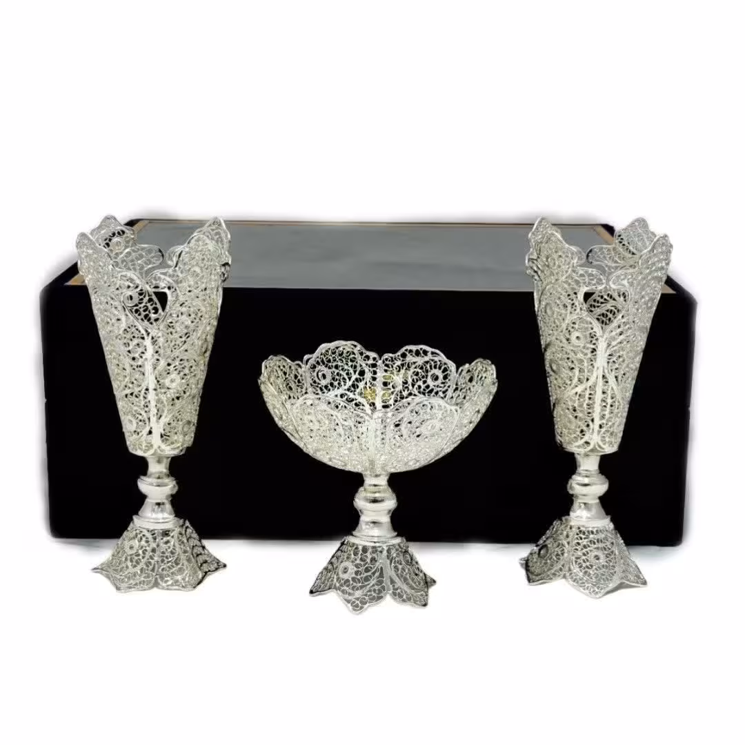 ست هدیه نقره گلدان ملیله کاری و قندان