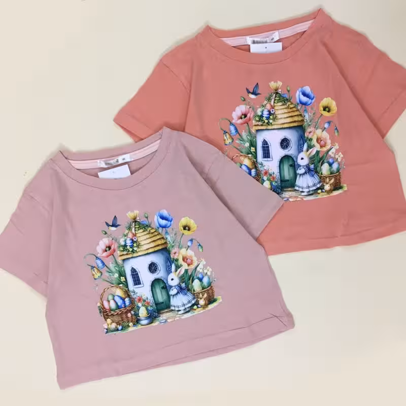 تیشرت کراپ دخترانه طرح خرگوش و کلبه ی گل