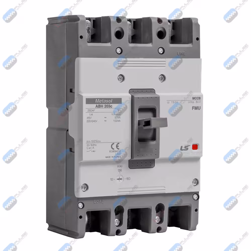 کلید 200 آمپر اتوماتیک کامپکت هیوندای (قابل تنظیم حرارتی/قابل تنظیم مغناطیسی) سه پل سری ABH با کد ABH203C / 200 _قدرت قطع 50KA_تنظیم حرارتی: 0.7 الی 1_آمپر فریم 250