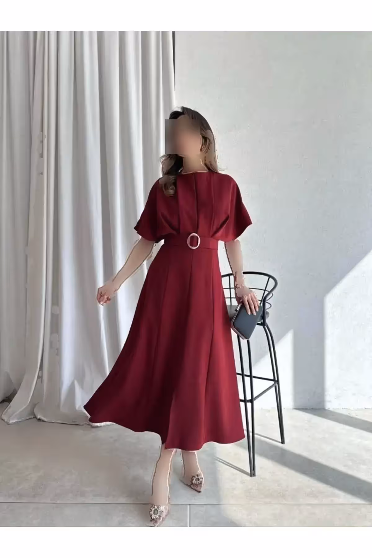 پیراهن میدی با کمربند Bordeaux - 10399