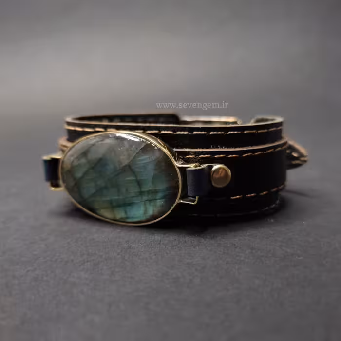 دستبند چرمی سنگ لابرادوریت با قاب برنجی (کد236)