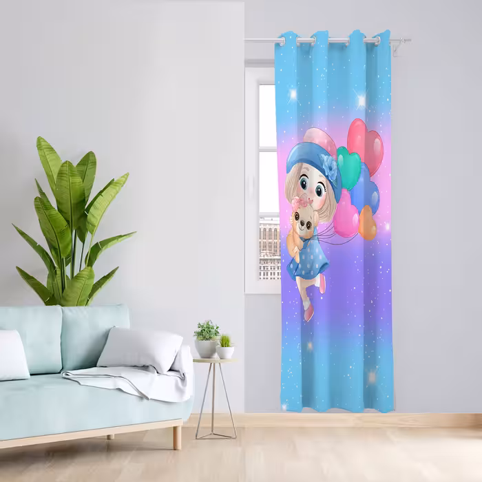 پرده مدل دختر و بادکنک مخمل پانچی کد 4666 سایز 140x280 سانتی متر