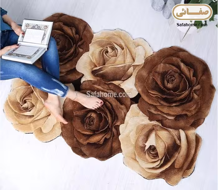 فرش سه بعدی زرباف طرح رز مینیاتوری مستطیل شکلاتی