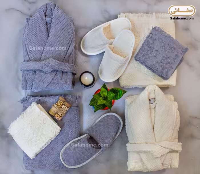 سرویس حوله عروس و داماد طوسی سفید لیندو