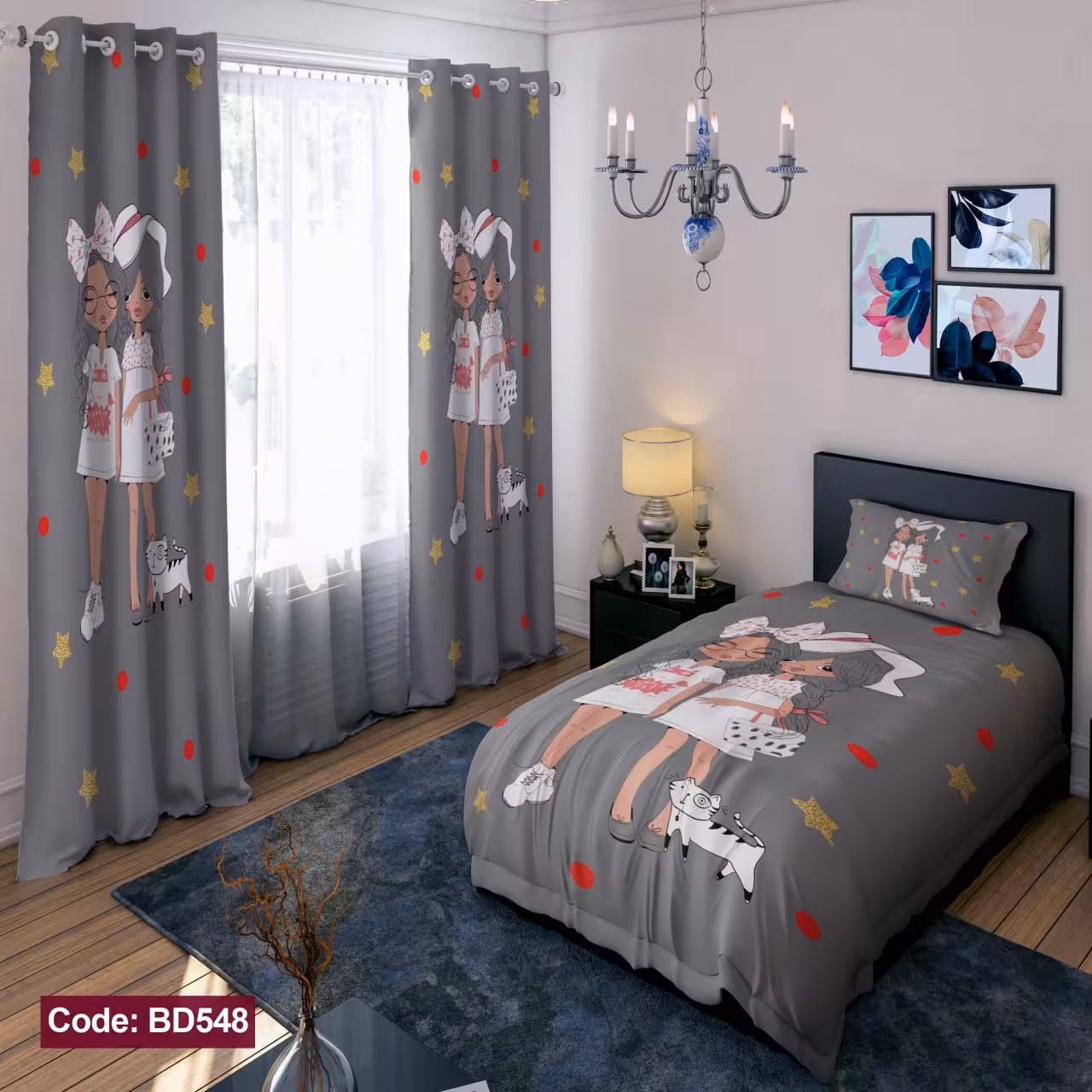 پرده پانچی مخمل چاپی دخترانه کد 548