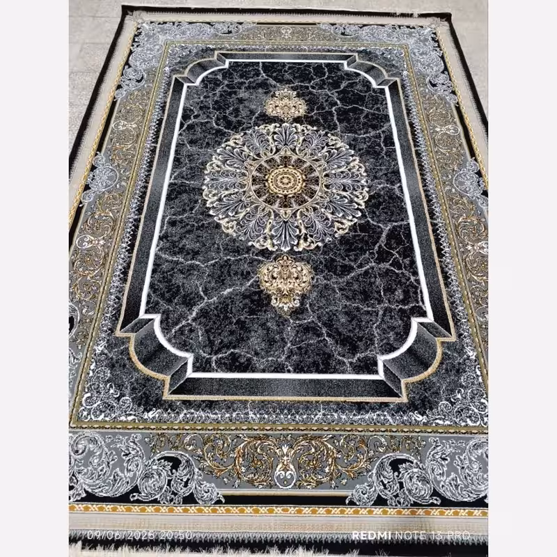 فرش ماشینی جدید کاشان نقشه زیبای پناه سرمه ایی سایز12متری