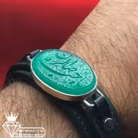 دستبندچرم مردانه عقیق سبزطبیعی حکاکی یاصاحب الزمان قاب نقره دستساز