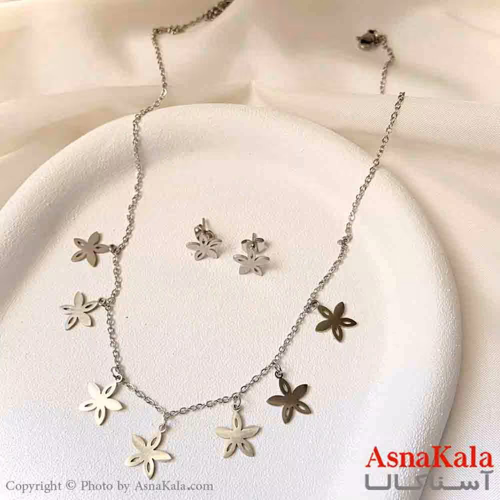 نیم ست زنانه شامل گردنبند و گوشواره استیل مدل ستاره مدرن رنگ نقره ای کد NIM14938W