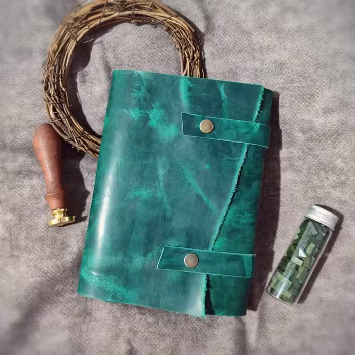 دفتر چرمی ، چرم گاوی افکتی سبز چمنی، 20 در 15 , صد برگ کاغذ نخودی رنگ خطدار، دکمه ای