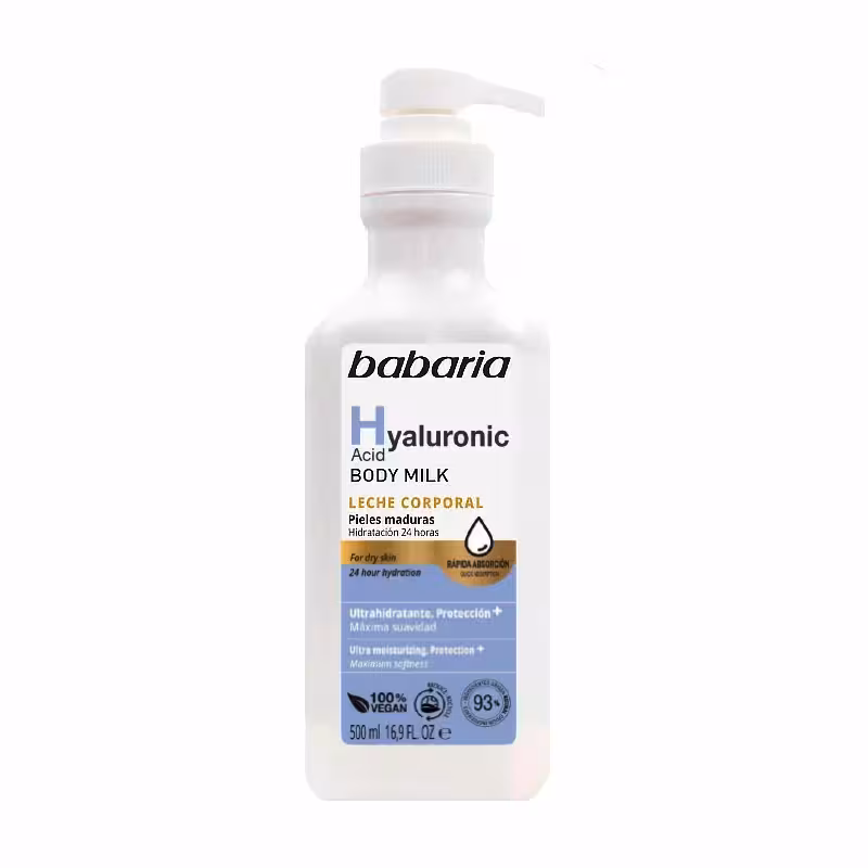 شیر بدن پمپی باباریا babaria حاوی هیالورونیک اسید Hyaluronic Acid مناسب پوست خشک،اسپانیا حجم 500 میل