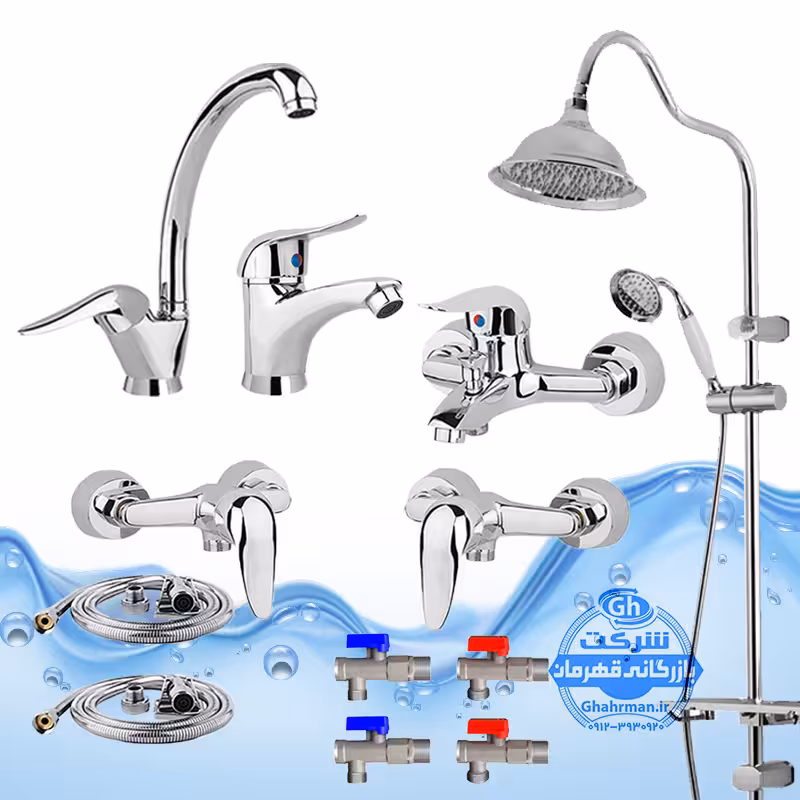 ست 12 عددی شیرآلات برند آیدا صنعت مدل قهرمان اردکی | شیر ظرفشویی   شیر روشویی   شیر حمام   شیر توالت   علم دوش شیپوری   دو عدد شلنگ توالت   چهار عدد شیر پیسوار | کروم براق