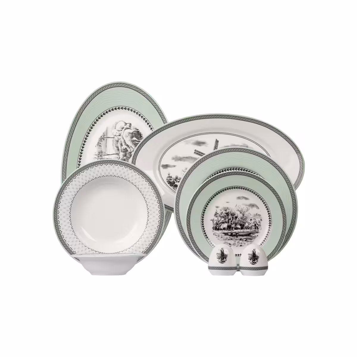 سرویس چینی زرین 6 نفره غذاخوری ویلیج سبز ایتالیااف (28 پارچه)