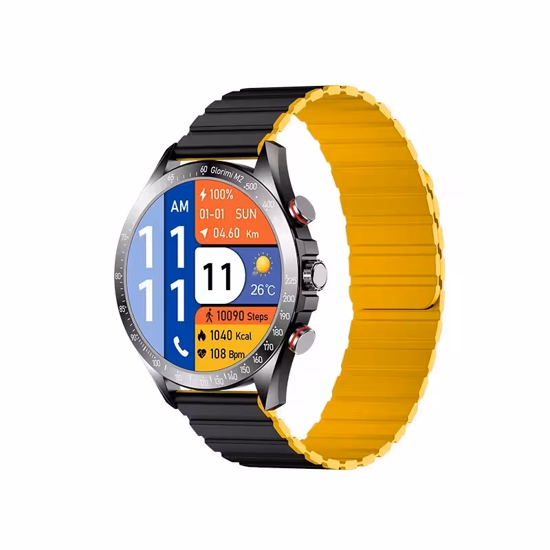 ساعت هوشمند گلوریمی مدل M2 دارای قابلیت های قابلیت مکالمه مستقیم، قابلیت مکالمه از طریق بلوتوث بند سیلیکون