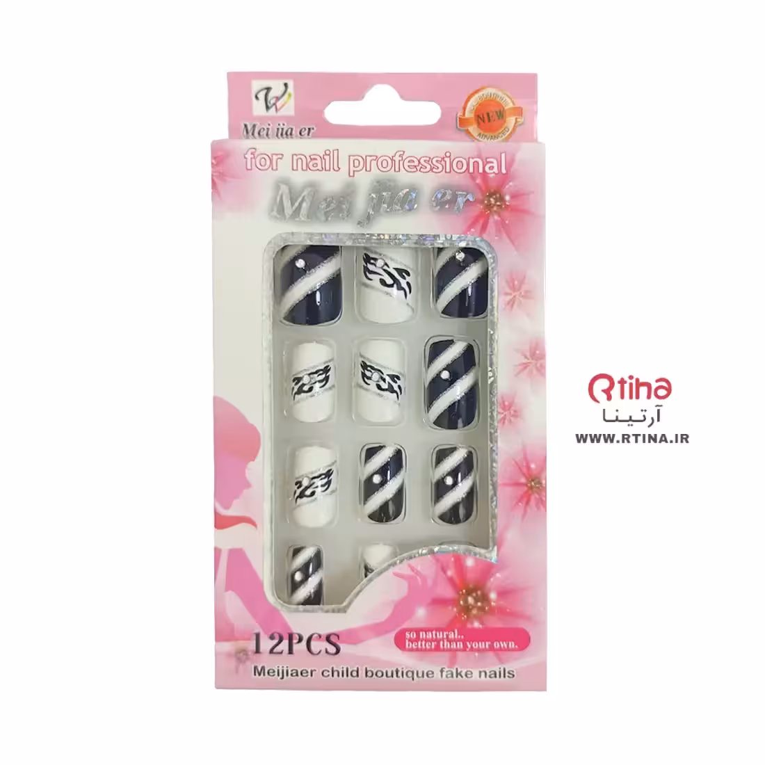 ناخن مصنوعی دخترانه و زنانه طرح دار سفید مشکی مدل اکلیلی نگینی