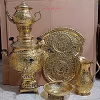 سرویس سماور زغالی 4 لیتری برنجی، با قلم زنی اعلاء، سنگین وزن