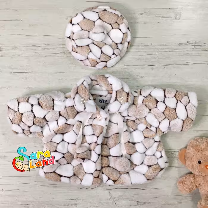 شنل خز نوزادی کلاه دار طرح سنگی