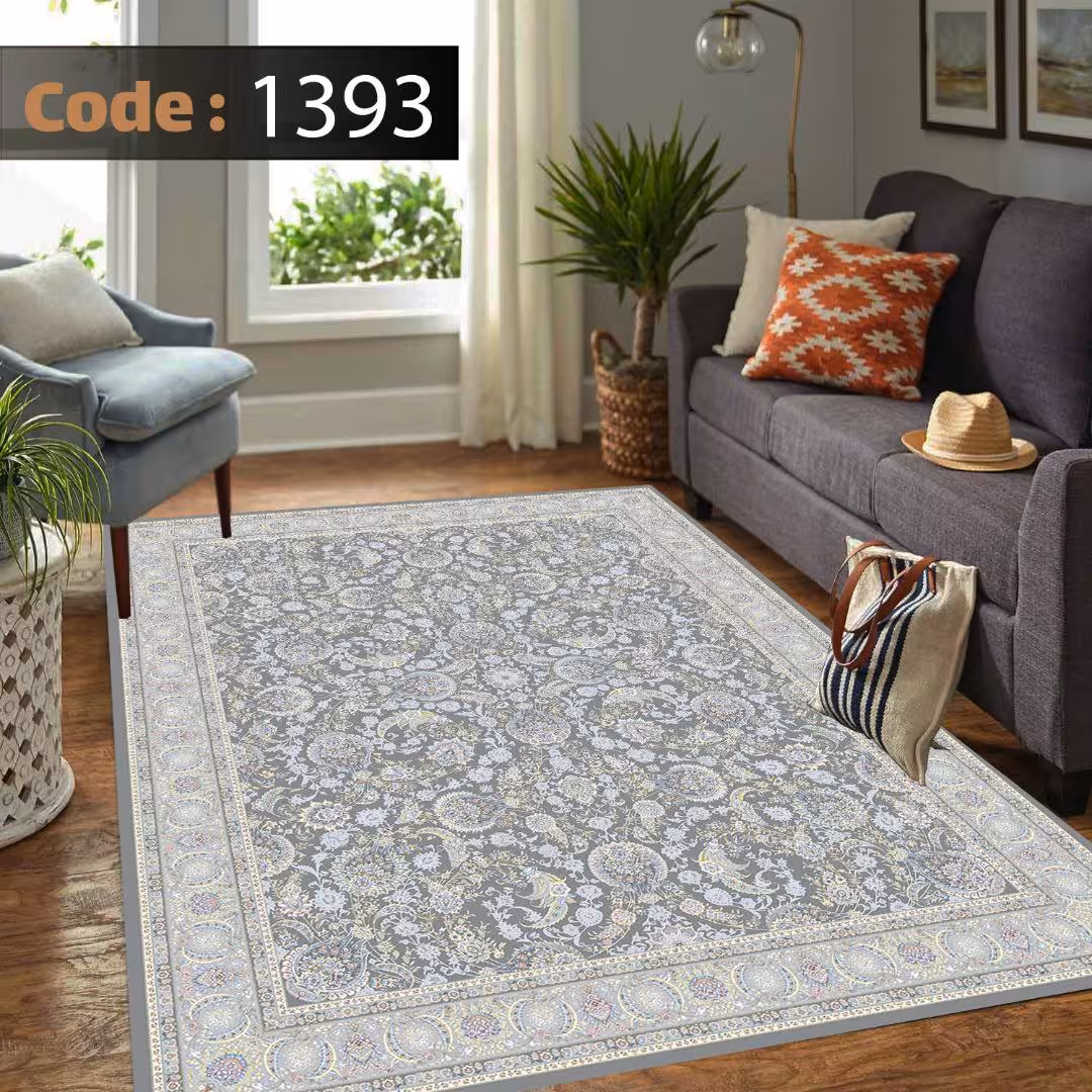 کاورفرش روفرشی دورکشدار گوشه لیفه ای طوسی کرم کد 1393