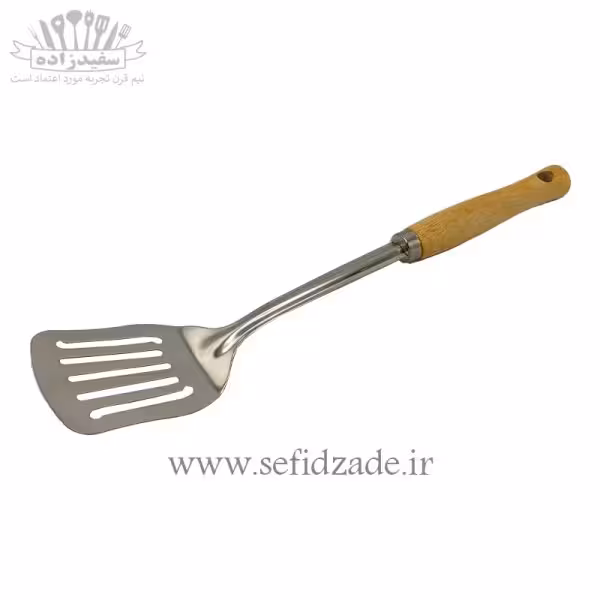 کفگیر برگردان سوراخدار استیل دسته چوب