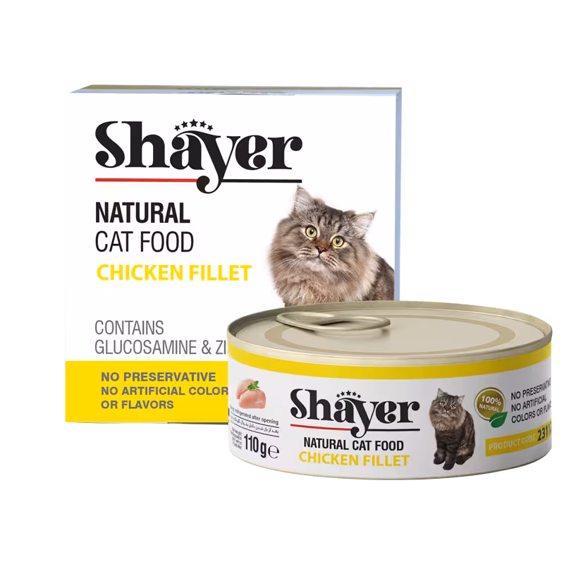 کنسرو نچرال گربه با طعم فیله مرغ شایر Shayer Natural Cat Food Chicken Fillet وزن 110 گرم