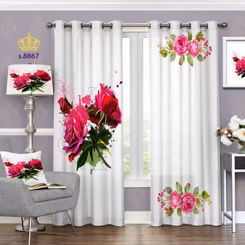 پرده جدید تصویری دو قواره پانچ آماده طرح گل کد 8867