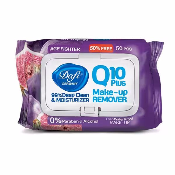 دستمال مرطوب پاک کننده آرایش Q10 دافی طرح انجیر تعداد 50 برگ