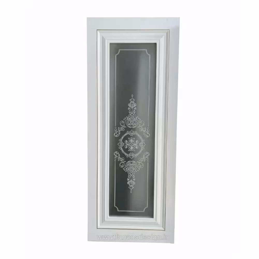 درب اتاقی کلاسیک سفید با شیشه طرح‌دار حکاکی‌شده کد 30252