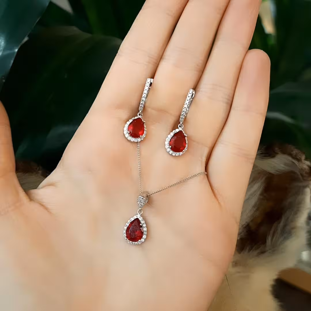 نیم ست نقره اشکی قرمز 