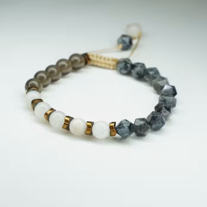 دستبند مون استون،حدید واشری،لارویکیت تراش و اسموکی کوارتز کد310242