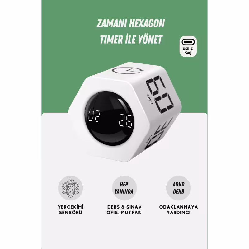 تایمر شش‌ ضلعی  پومودورو Gworke GT-2 | تایمر Flip با طراحی مدرن | مدیریت زمان به روش پومودورو | مناسب برای مطالعه، امتحان و کارهای روزانه | کاربردی در آشپزخانه و محیط‌های آموزشی | ابزار حرفه‌ای برای افزایش تمرکز و بهره‌وری