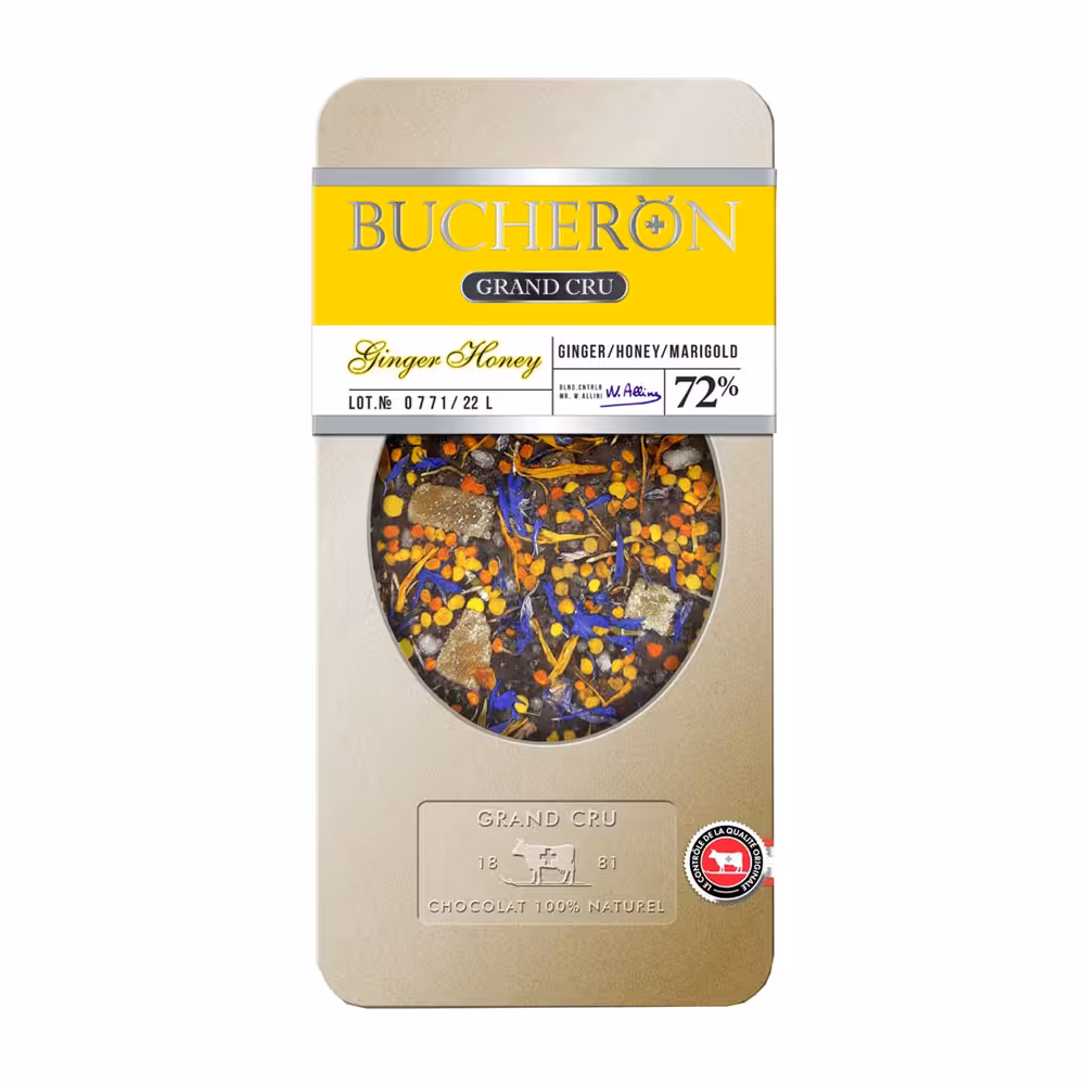 شکلات تخته ای تلخ بوچرون 72% با طعم زنجبیل عسل و گل همیشه بهار وزن 100 گرم