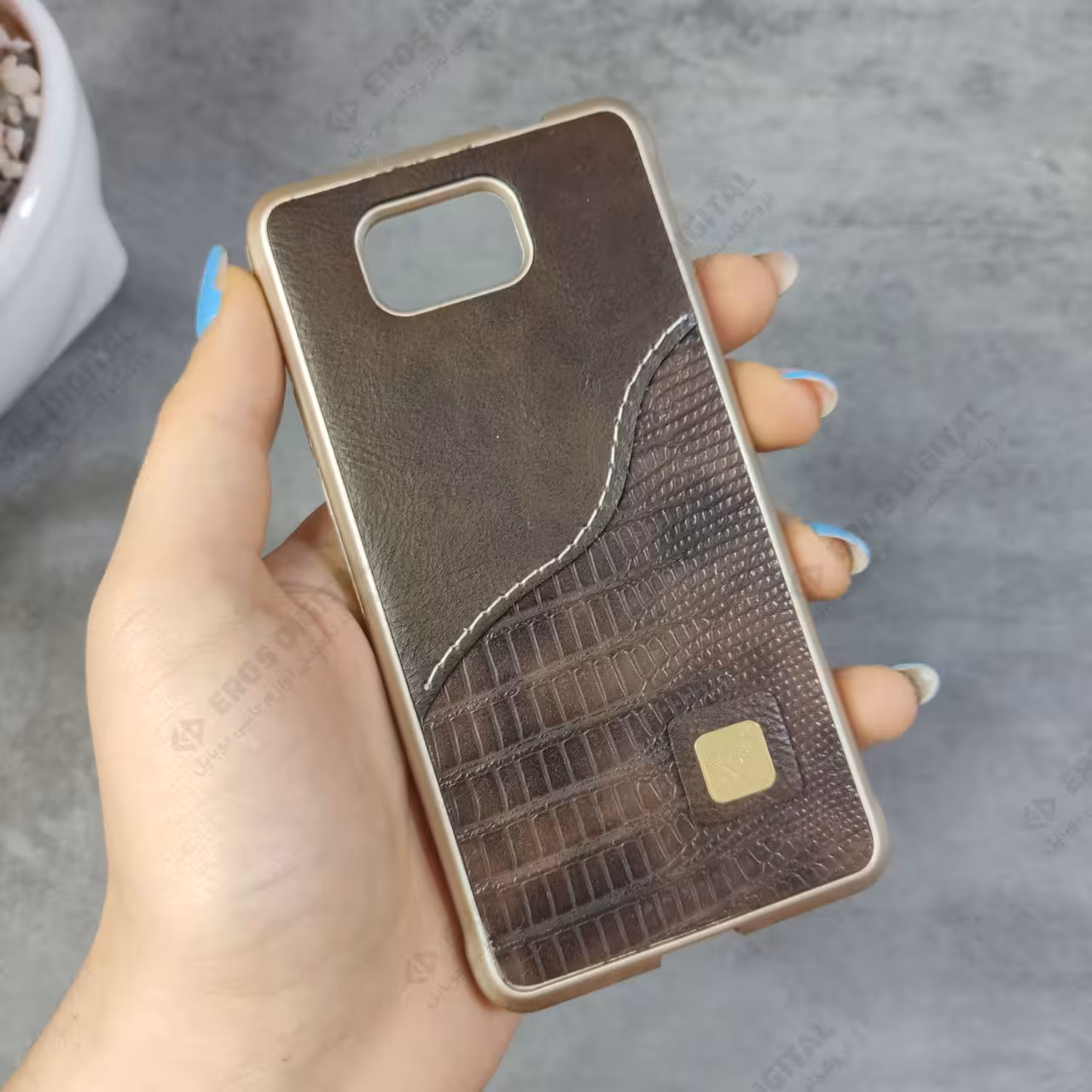 گارد گوشی Samsung Galaxy Alpha / G850 دور طلایی پشت چرم طرح دار