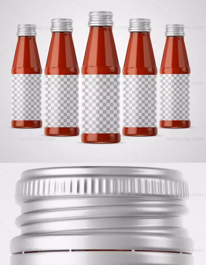طرح لایه باز موکاپ بسته بندی شیشه ای سس کچاپ - گرافیک با طعم تربچه