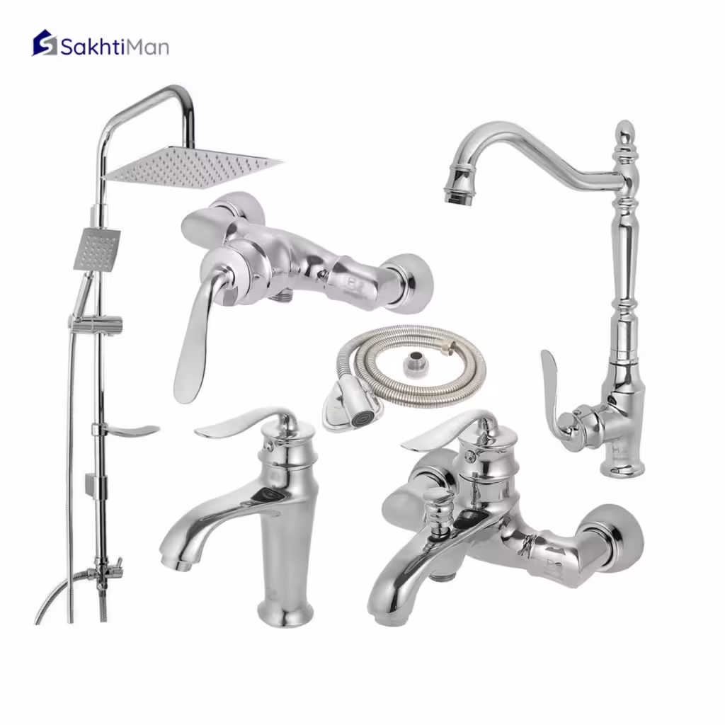 ست 6 عددی شیرآلات مدل بامبو به همراه علم دوش دوکاره استیل و شلنگ