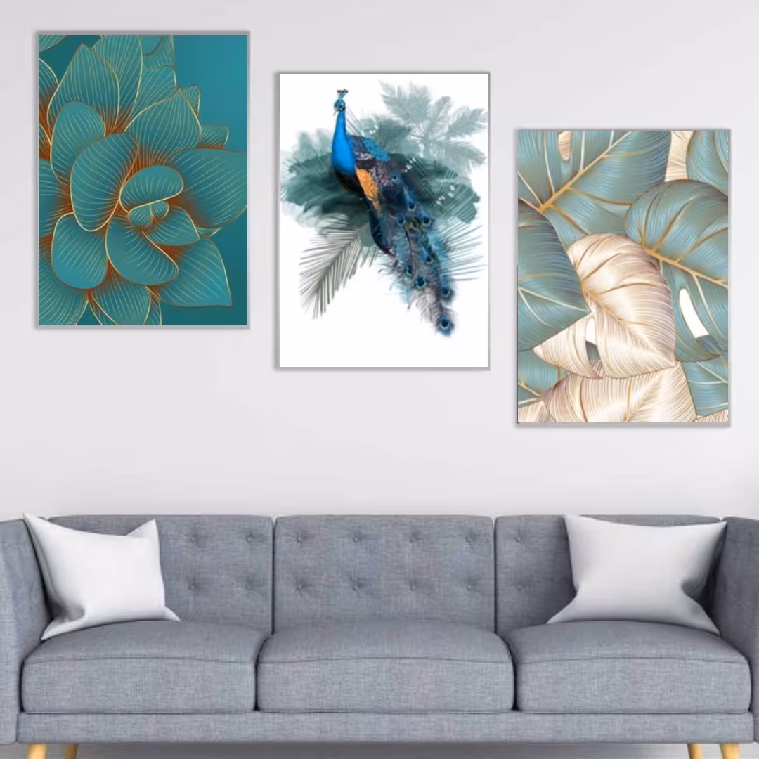 تابلو دکوراتیو طرح طاووس و گل آبی سه تکه