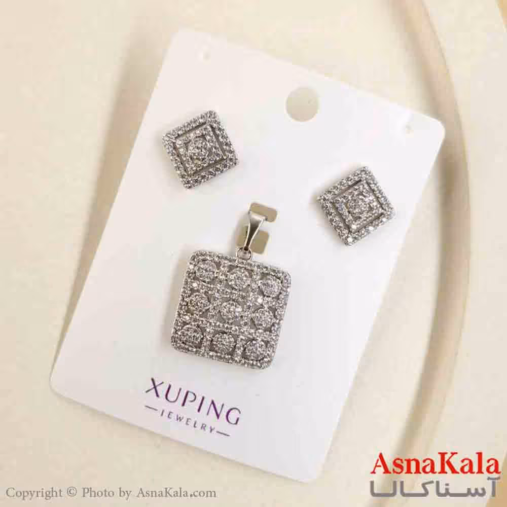 نیم ست زنانه ژوپینگ مدل مربع نگینی شامل گوشواره و گردنبند کد NIM14803W
