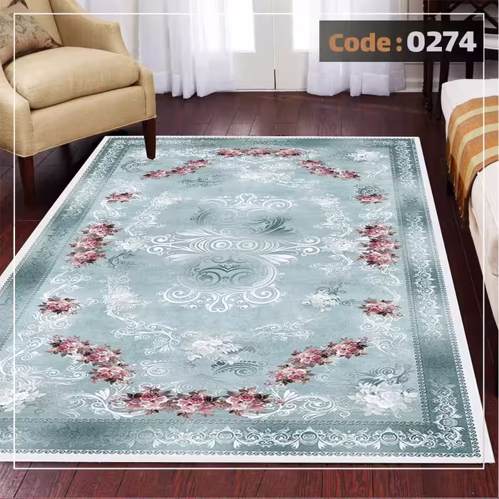 کاورفرش روفرشی دورکشدار گوشه لیفه ای لاکی ، آبی و متنوع کد 0274
